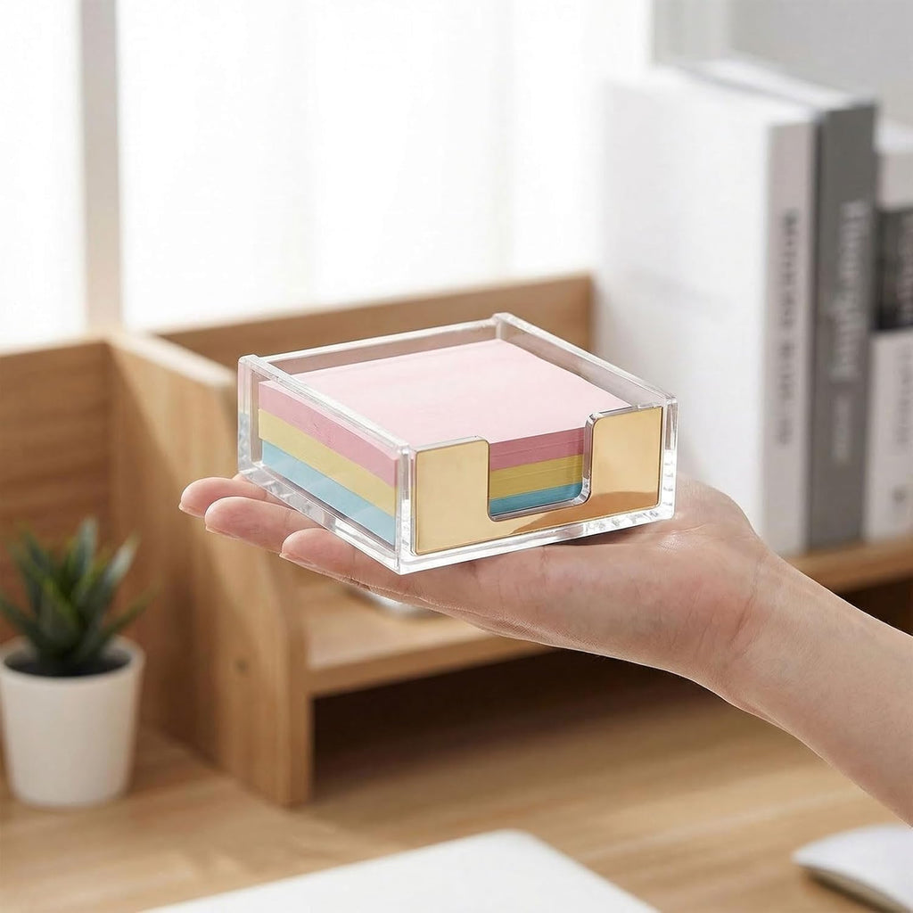 2 PCS Gold Sticky Note Holder, Clear Acrylic Memo Pad Dispenser, Post it Note Holder for Desk Office Supplies Home School Aesthetic Supplies Accessories