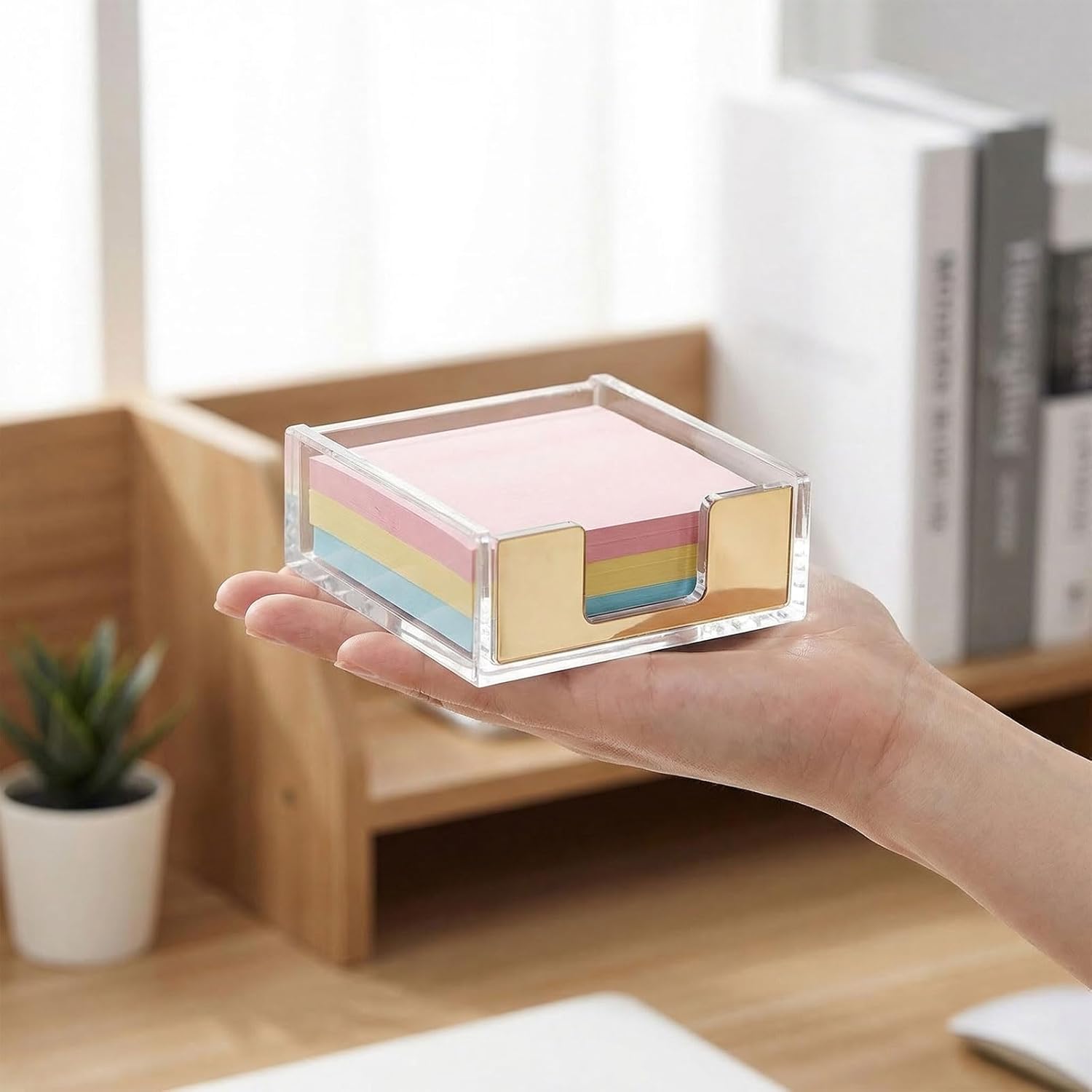 2 PCS Gold Sticky Note Holder, Clear Acrylic Memo Pad Dispenser, Post it Note Holder for Desk Office Supplies Home School Aesthetic Supplies Accessories
