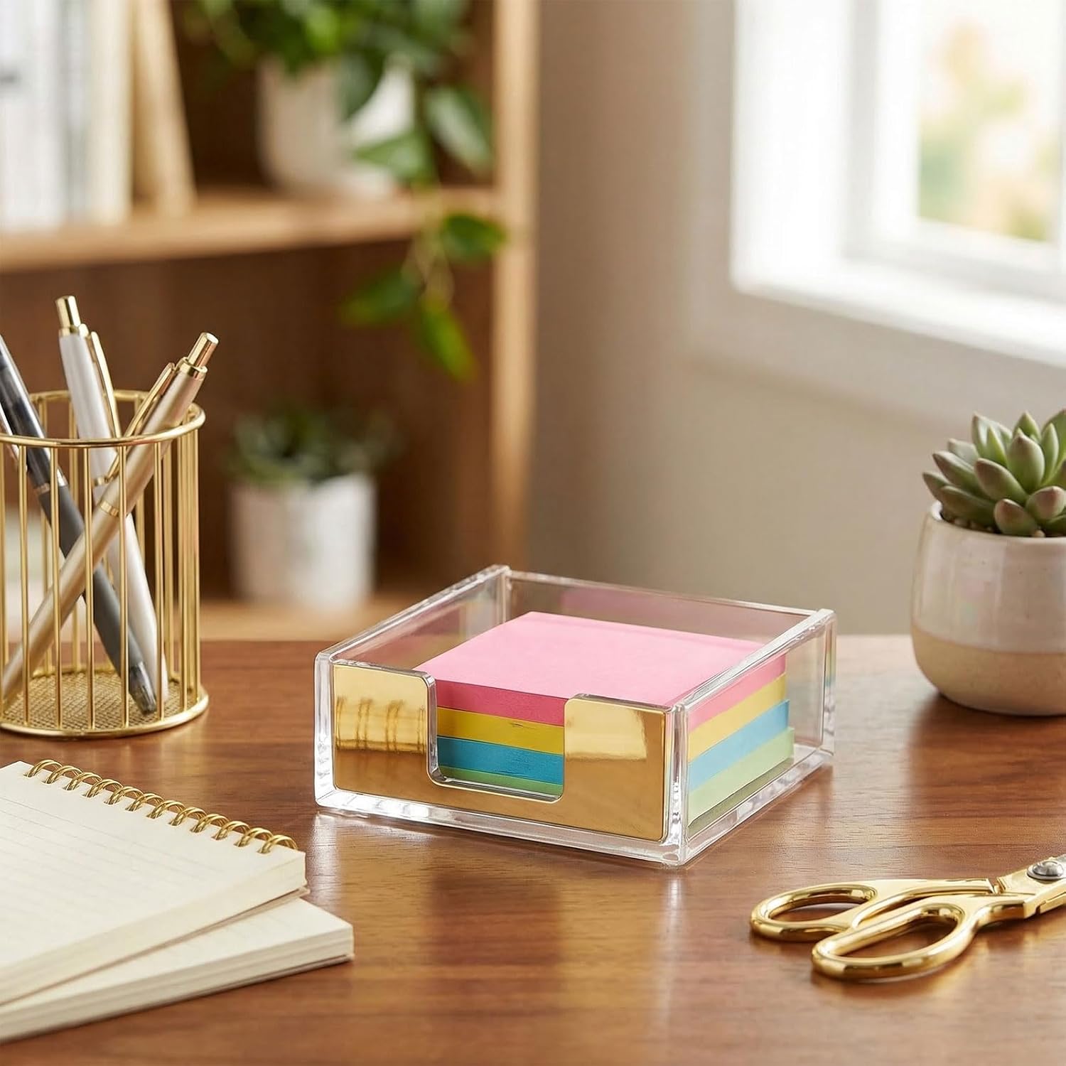 2 PCS Gold Sticky Note Holder, Clear Acrylic Memo Pad Dispenser, Post it Note Holder for Desk Office Supplies Home School Aesthetic Supplies Accessories
