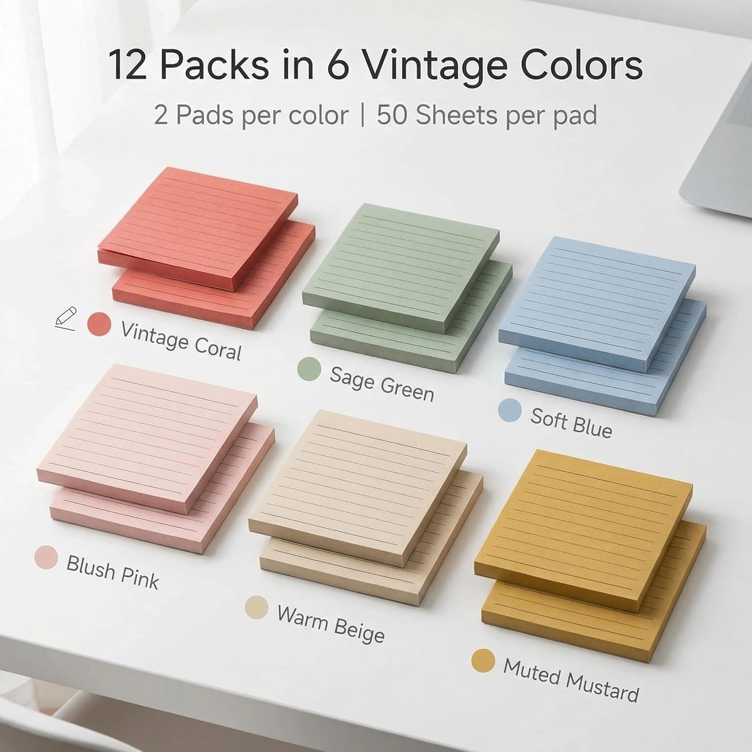 (12 Pads) Vintage Color Pop-Up Sticky Notes with Lines 3x3 Inches Refills,50Sheet/pad,Strong Adhesive Memo Pad Bulk, Suitable for Home, Office, School, Clean Removal