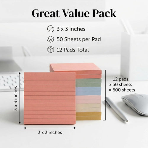 (12 Pads) Vintage Color Pop-Up Sticky Notes with Lines 3x3 Inches Refills,50Sheet/pad,Strong Adhesive Memo Pad Bulk, Suitable for Home, Office, School, Clean Removal