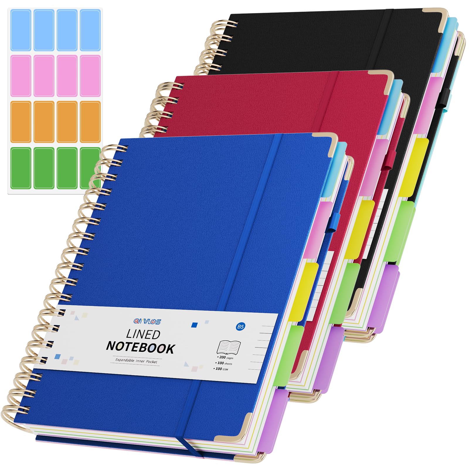 3 Packs Hardcover Spiral Notebook, B5 Journal with Removable Dividers Tabs, 5 Subject Notebook College Ruled, 200 Pages 8"x10" Leather Notebooks for Work School Study, Lined Journal for Women(Pink/Purple/Cyan)
