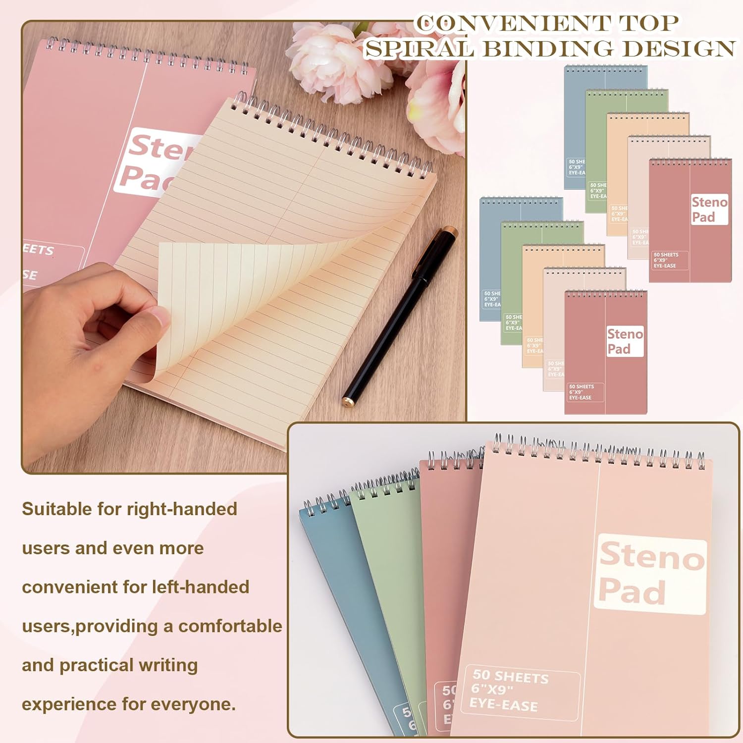 10 Pack 6X9 Pastel Steno Pads Gregg Ruled Spiral Notebook Top Spiral Notepad Colored Steno Pads Pastel Colored Notepads Color Paper 50 Sheets for School College Office(Red Pink Blue Green Flesh)