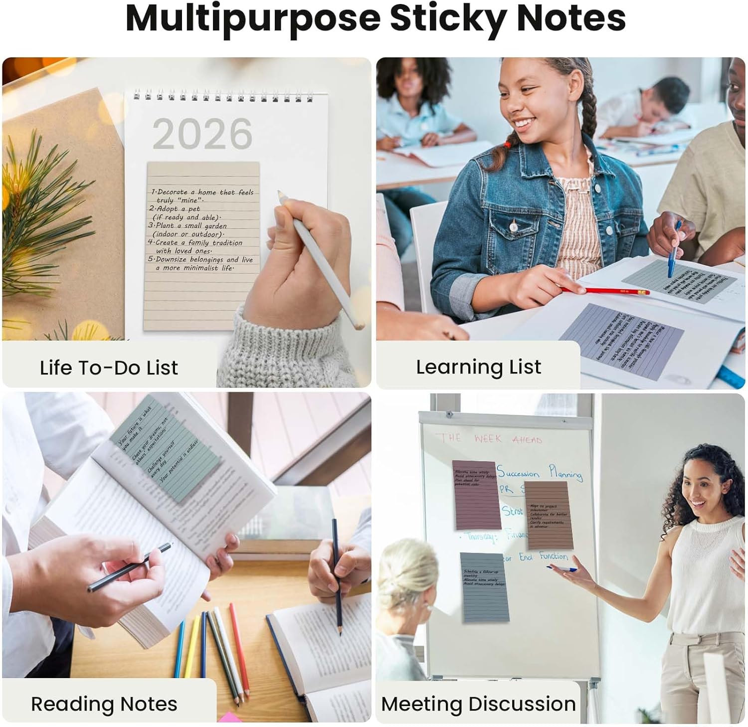 12 Pack Lined Sticky Notes in Retro Colors,Sticky Note Pads 4x6 in,Sticky Notes with Lines, Self-Stick Note Pads, Large Rectangular Post it Notes for Office, Home, School, Meeting,30 Sheets/Pad