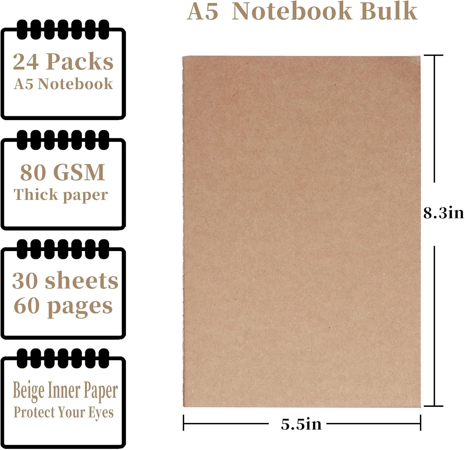 24 Pack A5 Kraft Notebooks Bulk, Lined Paper Journaling Notebooks, 8.3x5.5in 60 Pages Composition Notebook Travel Journal Set for Work, School, Students,Kids, Gift, Office, Back to school Supplies