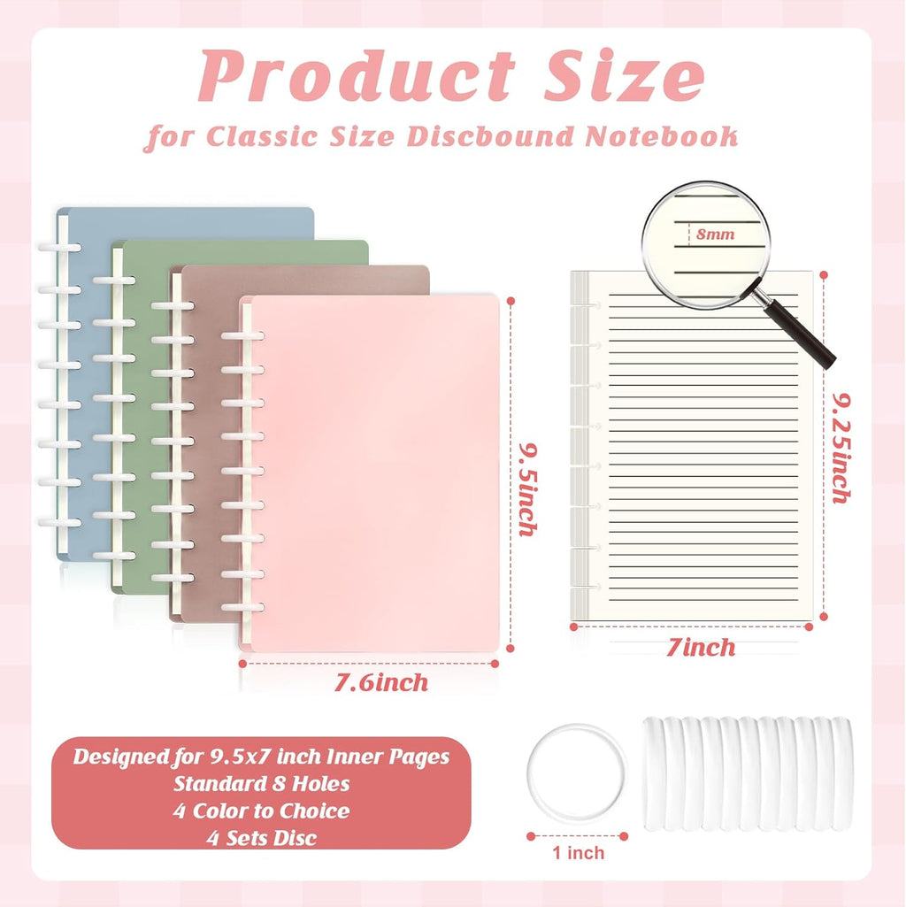 4 Pack Classic Size Discbound Notebook 7x9.25 inch 9 Disc Bound Planner 80 Sheets per Narrow Ruled Notebook Customizable Discbound journal for Office School