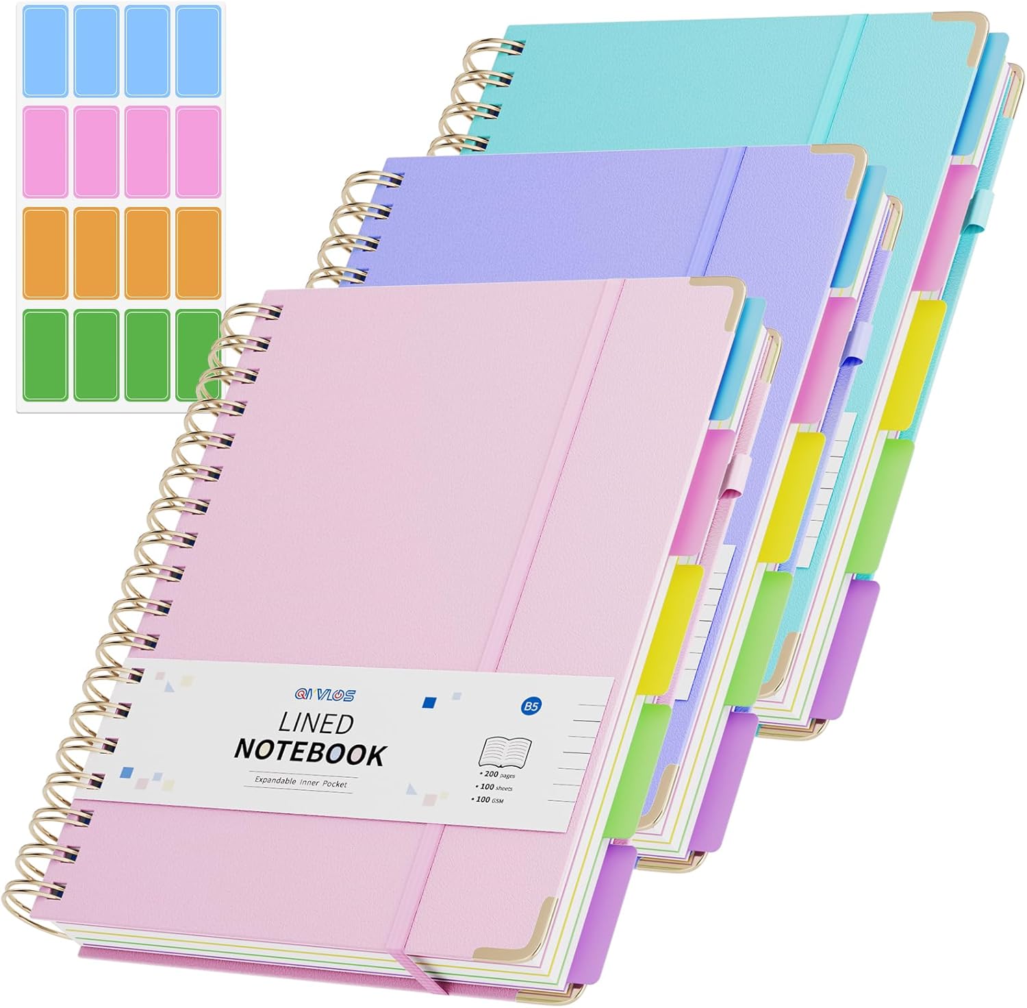 3 Packs Hardcover Spiral Notebook, B5 Journal with Removable Dividers Tabs, 5 Subject Notebook College Ruled, 200 Pages 8"x10" Leather Notebooks for Work School Study, Lined Journal for Women(Pink/Purple/Cyan)
