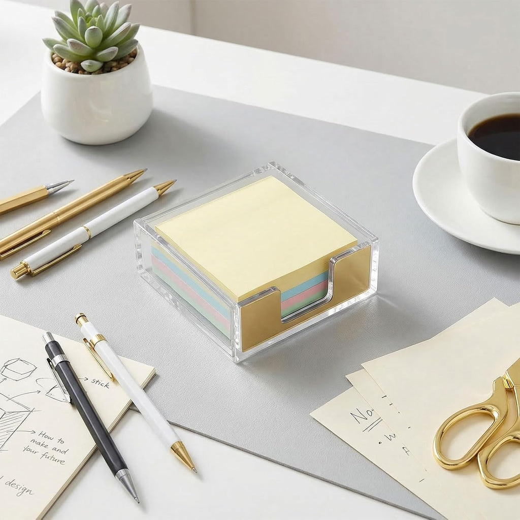 2 PCS Gold Sticky Note Holder, Clear Acrylic Memo Pad Dispenser, Post it Note Holder for Desk Office Supplies Home School Aesthetic Supplies Accessories