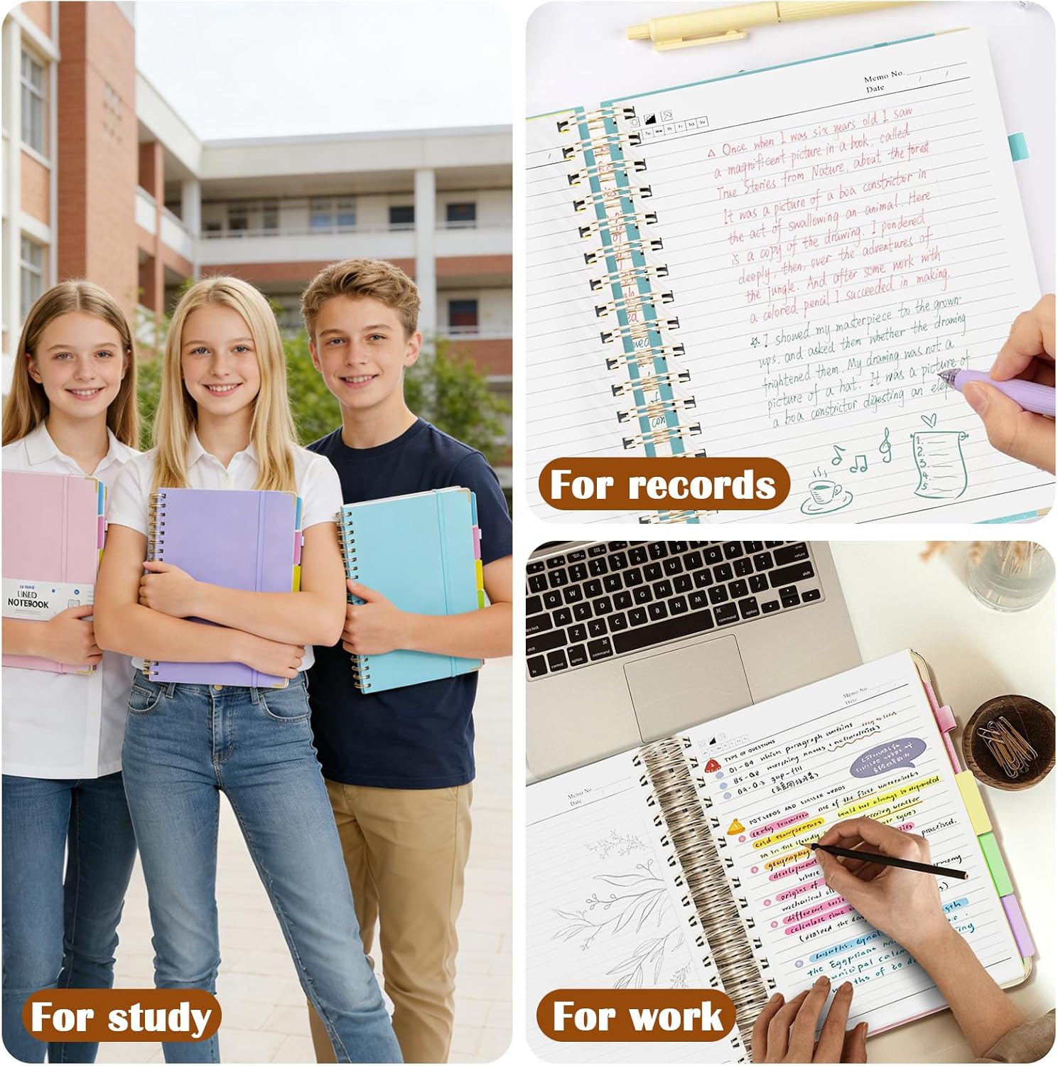 3 Packs Hardcover Spiral Notebook, B5 Journal with Removable Dividers Tabs, 5 Subject Notebook College Ruled, 200 Pages 8"x10" Leather Notebooks for Work School Study, Lined Journal for Women(Pink/Purple/Cyan)